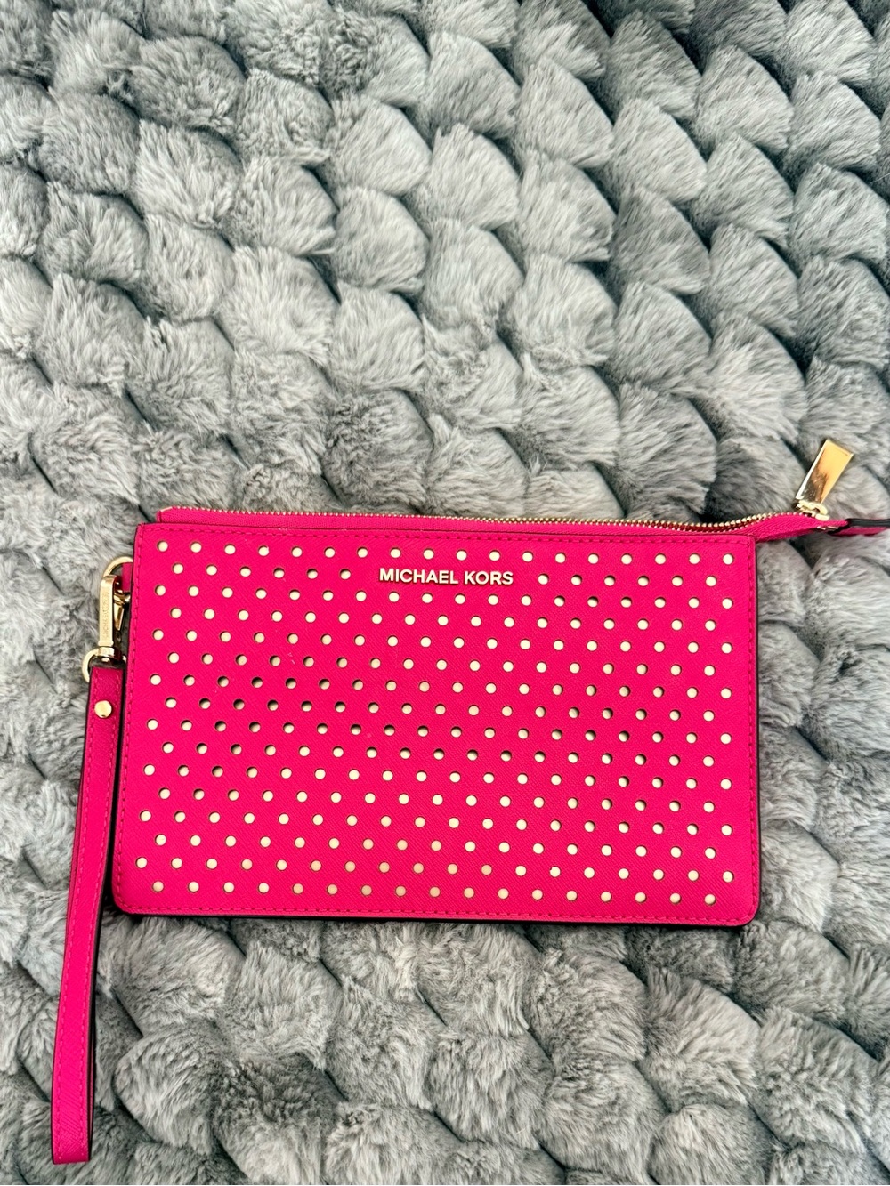 Michael Kors Hot Pink Studded Wristlet Clutch with Gold Hardware